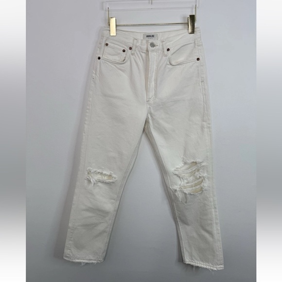 Agolde Button-Fly Riley High Rise Distressed Straight Crop Jeans Sz 27 Off White - Picture 1 of 16
